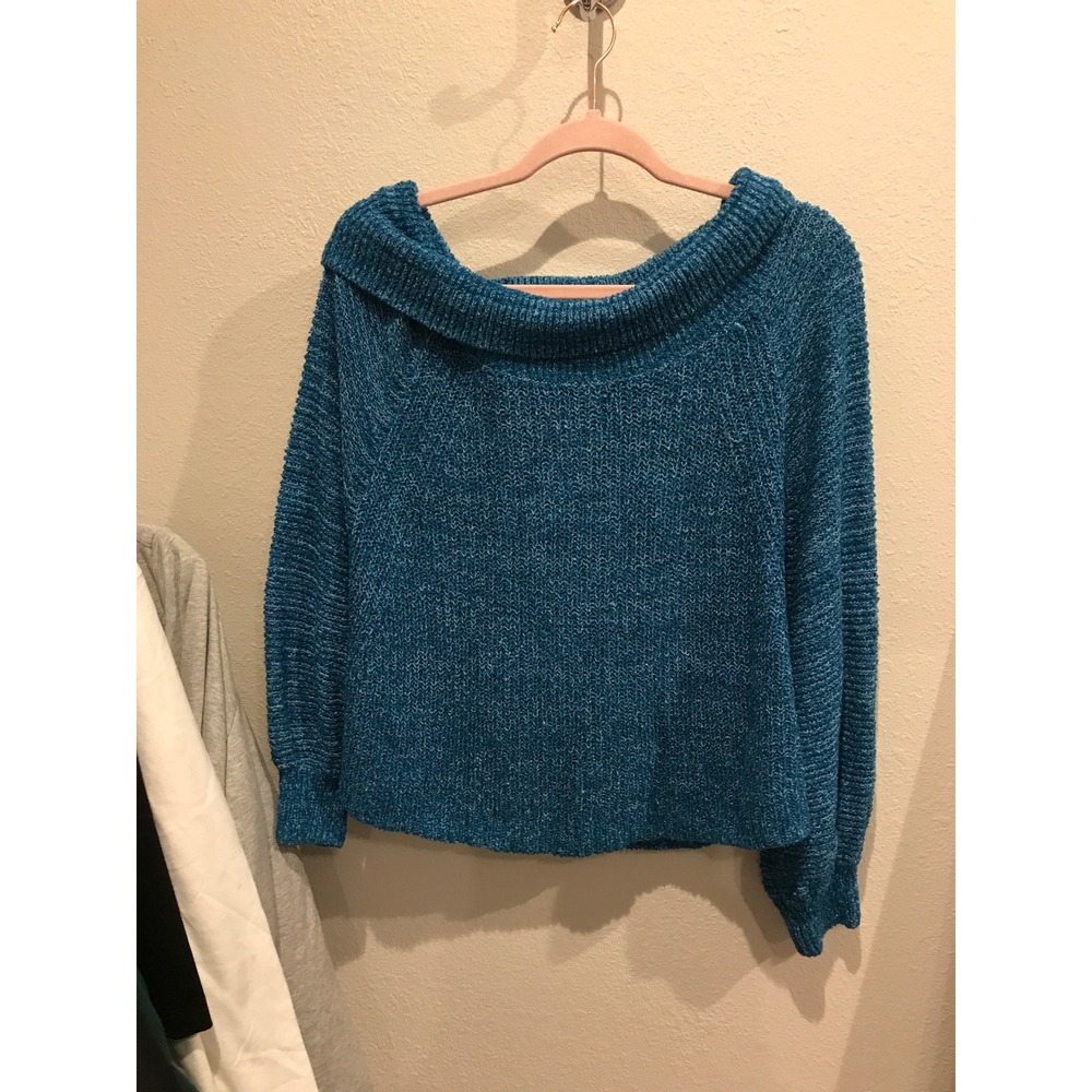 Free People Teal Blue Chenille Off Shoulder Cowl Neck Sweater Size M Oversized